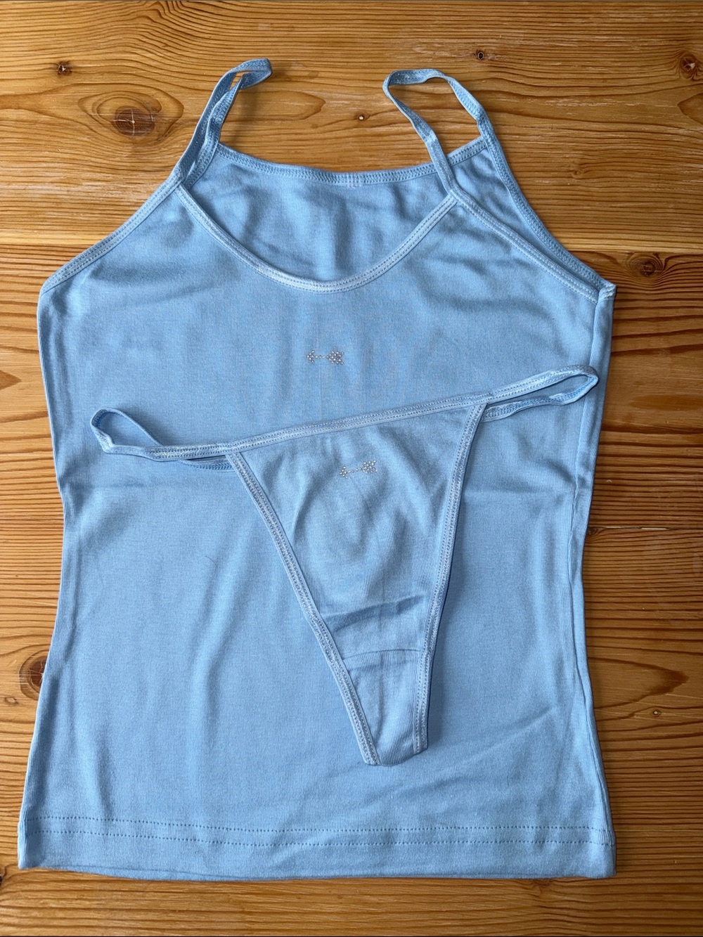 NEW American Apparel Crystal Embellished Light Blue Women's Tank Top Thong Set
